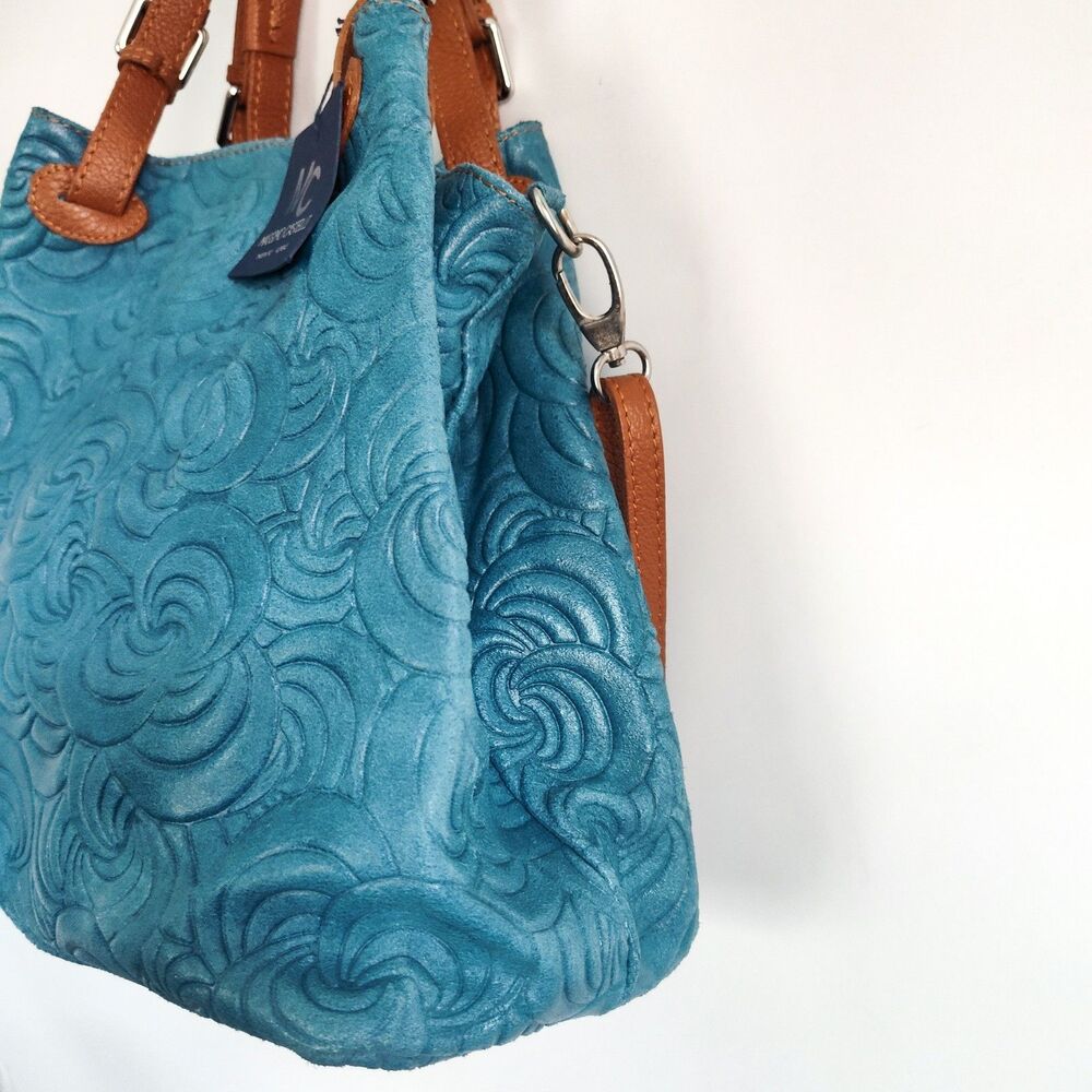New Massimo Castelli Shoulder Bag Rose Textured Leather Convertible Teal Tan Bag - Picture 3 of 14